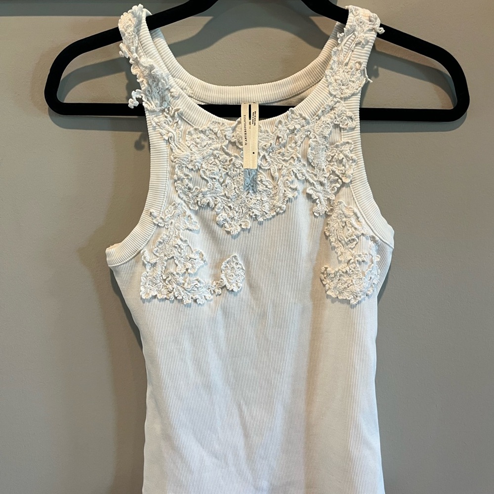 By Anthropologie Ivory The Pippah Lace Appliqué Tank Top Medium - Picture 8 of 10